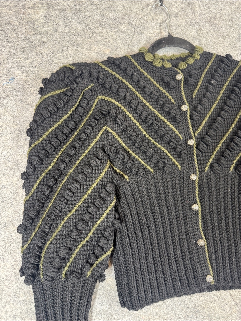 Vintage 80s Black Cropped Puff Sleeve Knit Cardigan Boho Handmade No Size - Picture 9 of 13